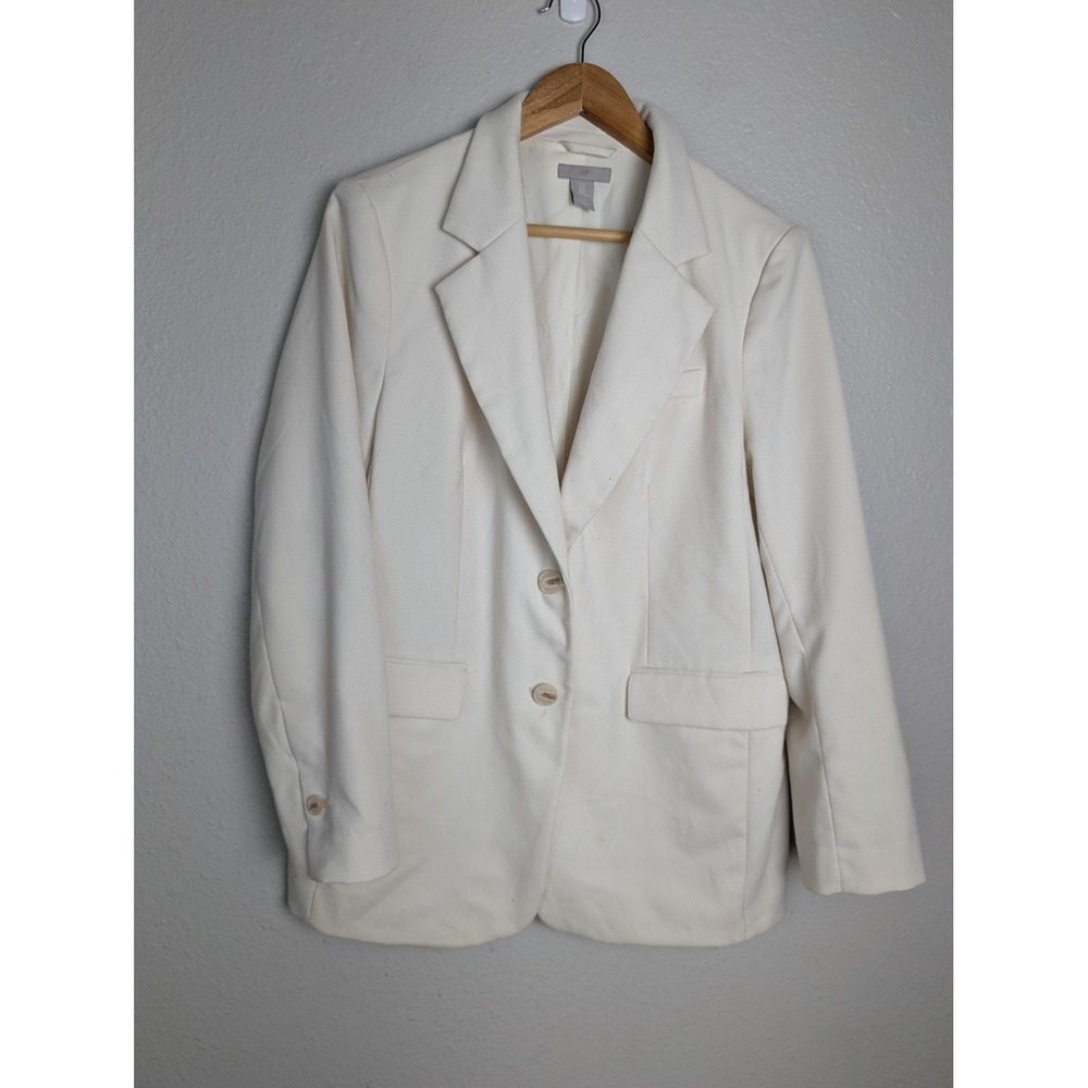 H&M Pant Suit Womens M White Polyester Elastomultiester Lined Notch Lapel